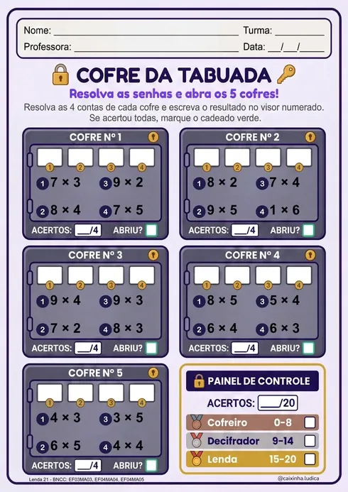 Folha do nível Mestre Cofreiro do Cofre da Tabuada, com cofres de tabuadas do 7, 8 e 9