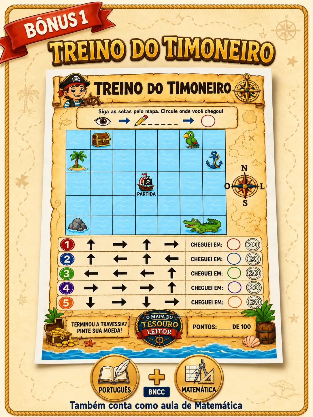 Prévia do Bônus 1: a folha Treino do Timoneiro, com a grade de navegação e as setas.