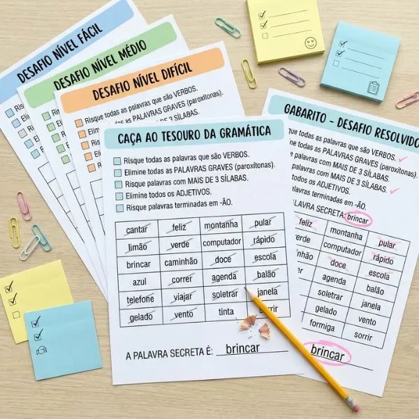 Caça ao Tesouro da Gramática — jogo pedagógico de eliminação de palavras