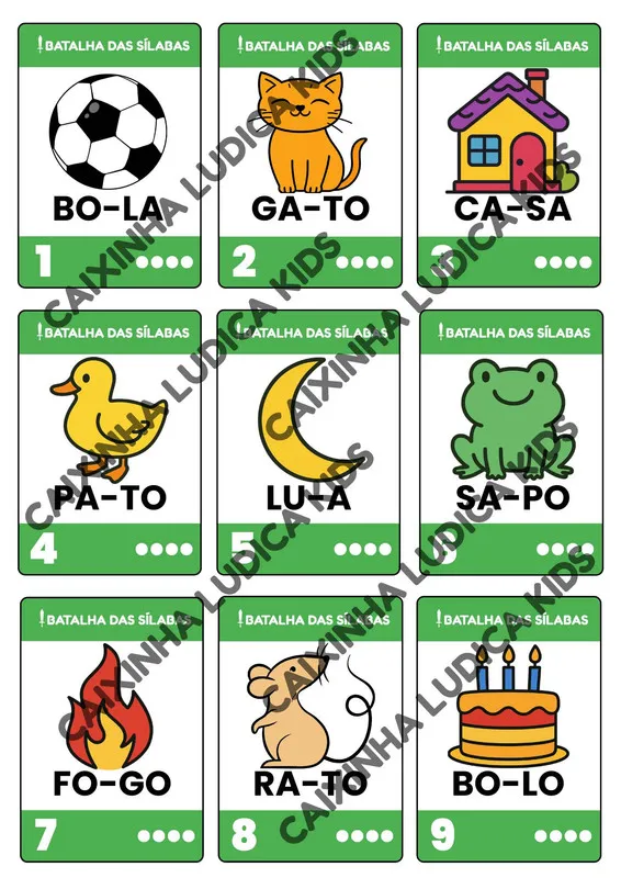 Carta de exemplo do jogo Batalha das Sílabas, com ilustração e sílabas coloridas