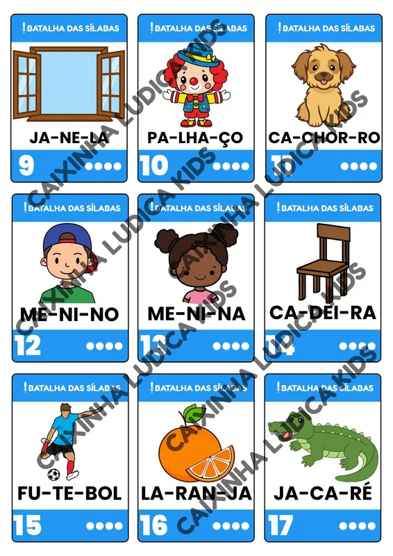 Carta de exemplo do jogo Batalha das Sílabas, com ilustração e sílabas coloridas