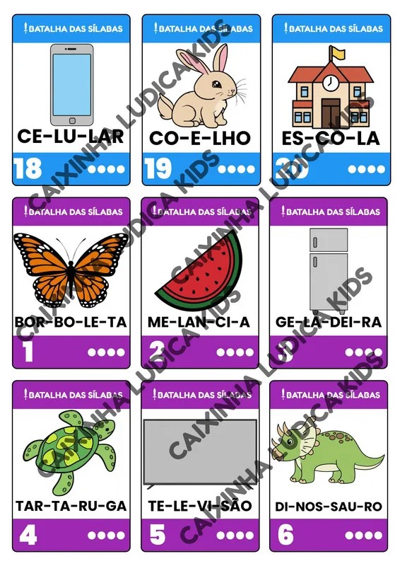 Carta de exemplo do jogo Batalha das Sílabas, com ilustração e sílabas coloridas