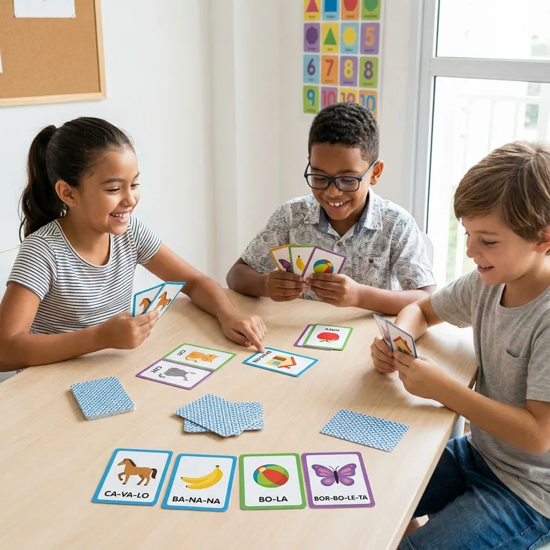 Cartas do jogo Batalha das Sílabas espalhadas mostrando ilustrações e sílabas coloridas