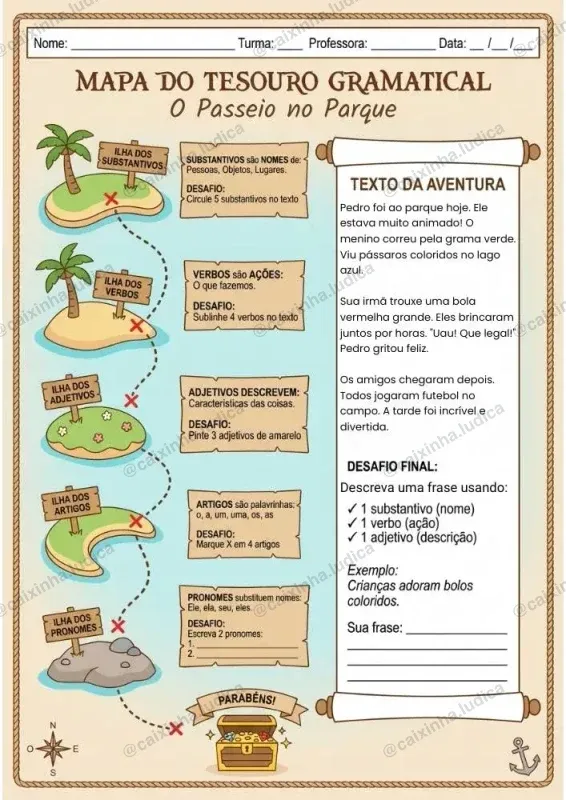 Mapa 'O Passeio no Parque' — texto da aventura e desafios das 5 classes gramaticais em cada ilha