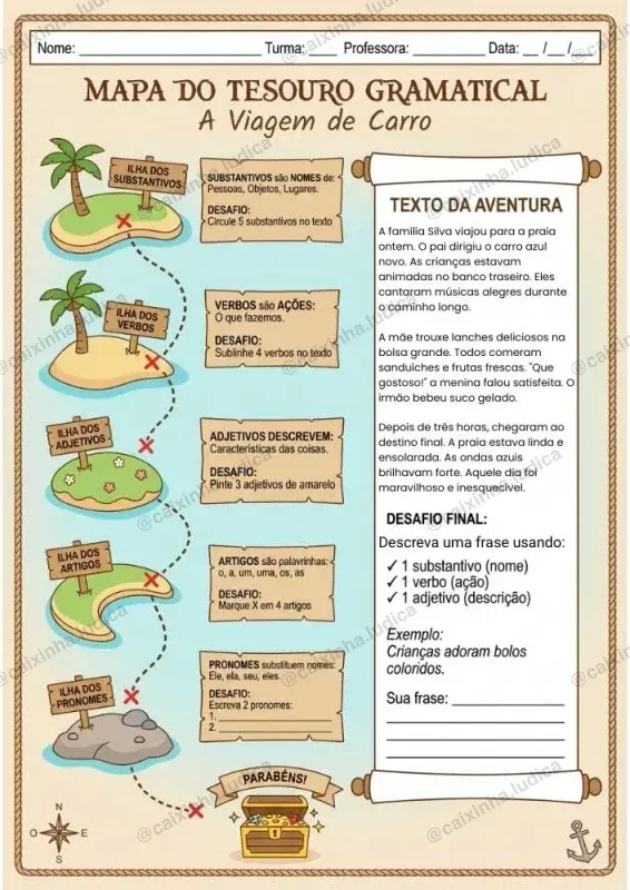 Mapa 'A Viagem de Carro' — texto da aventura e desafios das 5 classes gramaticais em cada ilha